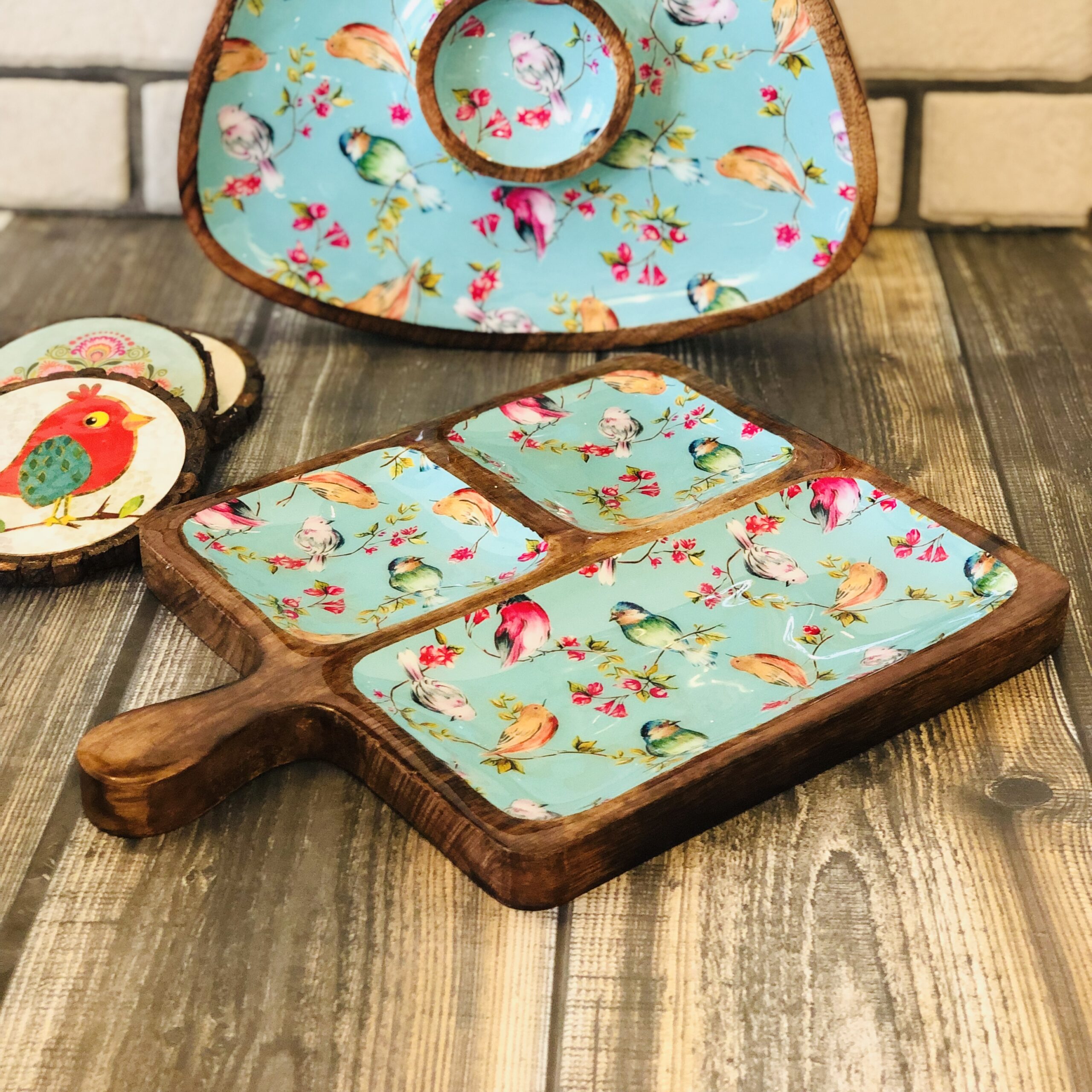Chirpy Birds Square Wooden Platter